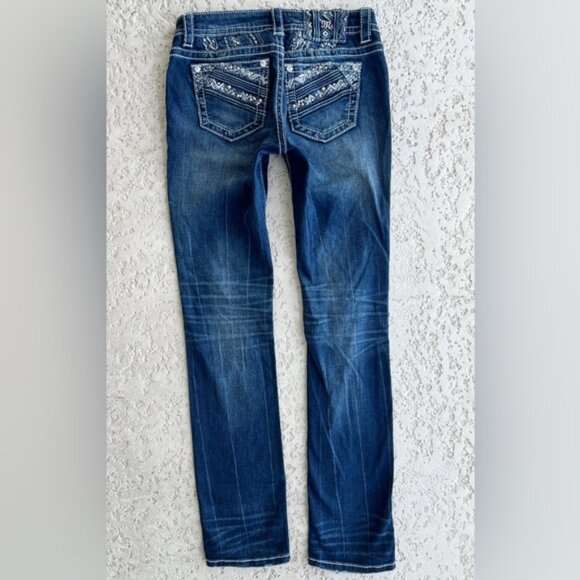 Miss Me Womens Jeans 27 Straight Embellished Rhinestone Pockets Western Blue - Picture 5 of 8